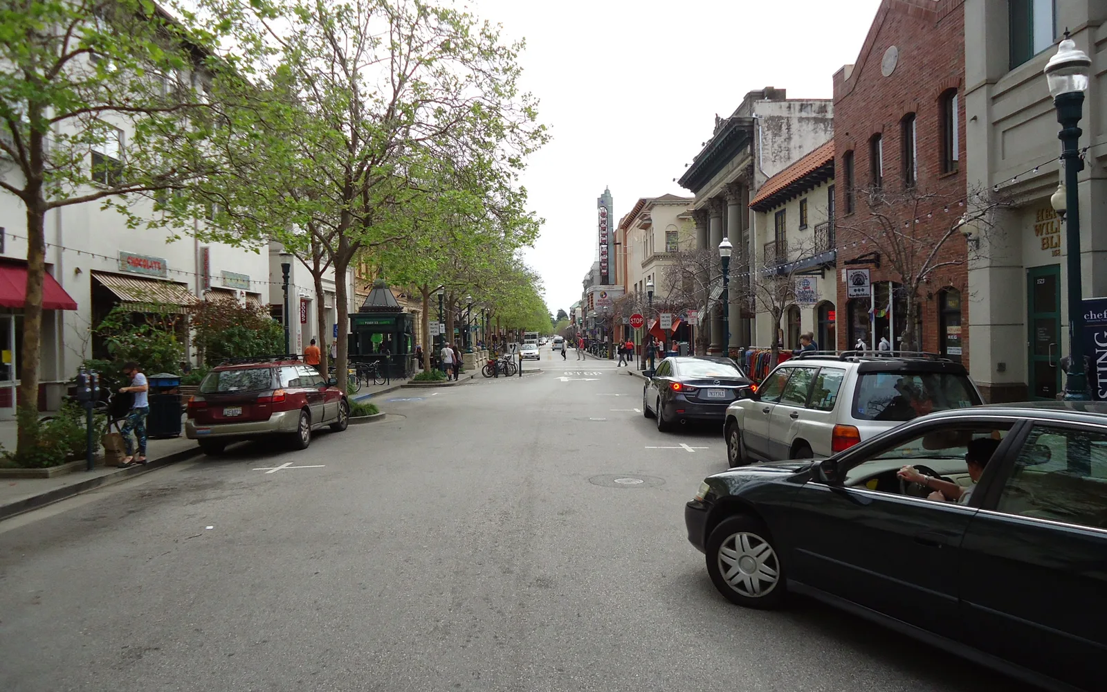 Downtown street scene with shops and storefronts on Pacific Avenue in Santa Cruz, California