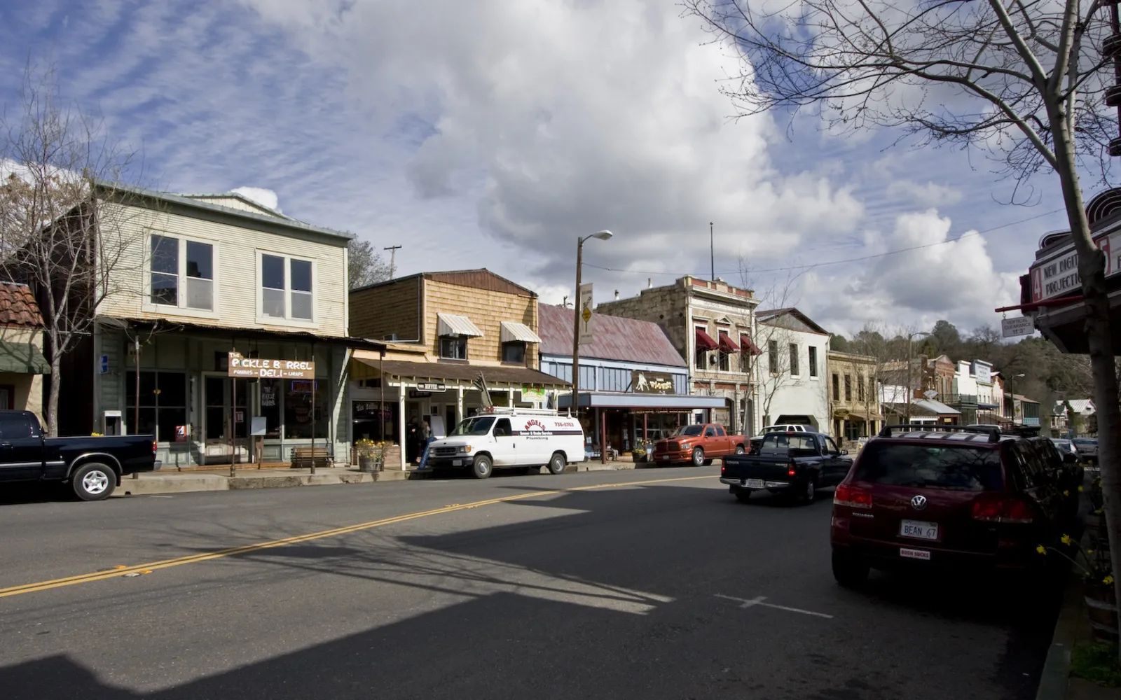 Downtown Angels Camp, California streetscape with historic buildings and shops